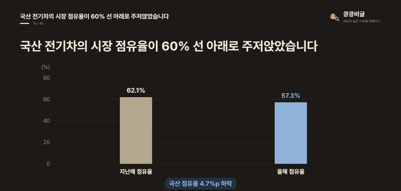 국산 전기차의 시장 점유율이 60% 선 아래로 주저앉았습니다