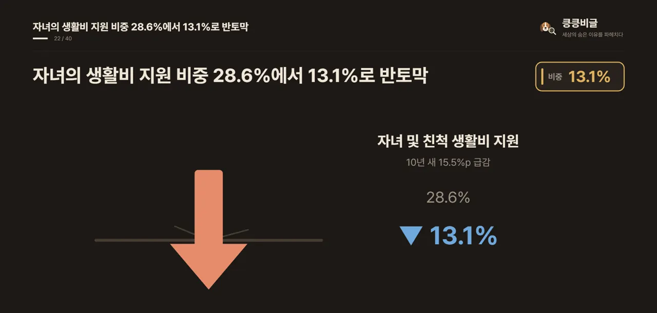 자녀의 생활비 지원 비중 28.6%에서 13.1%로 반토막